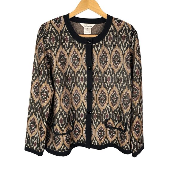 MISOOK Women's Black Maroon Metallic Geometric Print Knit Cardigan Medium - Picture 1 of 4